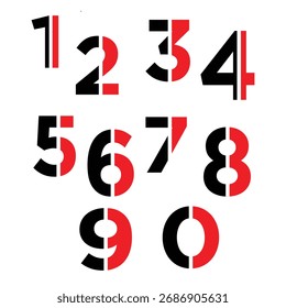 Split Color Number Set Vector - Bold Black and Red Stencil Typography Graphic for Modern Digital Design, Data Display, and Abstract Poster.