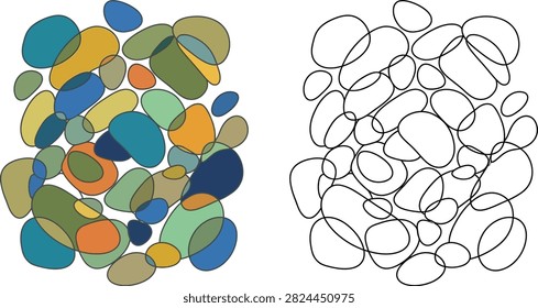 A split composition featuring a colorful abstract arrangement of overlapping organic pebble shapes on the left and a matching black and white line art outline on the right.