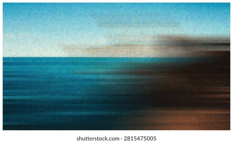 Split composition featuring ocean and land colors, geometric mosaic texture, dynamic contrast between cool water tones and warm beach light effects.