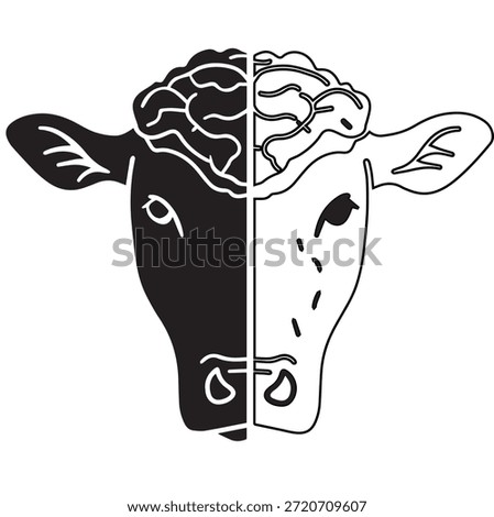 Split cow head vector showing brain hemispheres and anatomy. Black and white duality concept. Livestock or animal rights illustration.