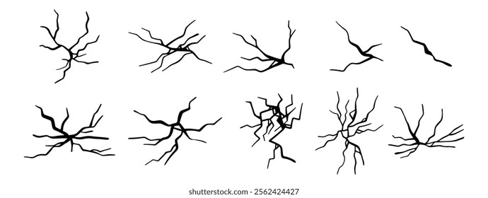 Split and cracks on surface texture for design. Vector isolated silhouettes with curved lines, floor or ground breach or catastrophe impact. Window damage or earthquake results on soils