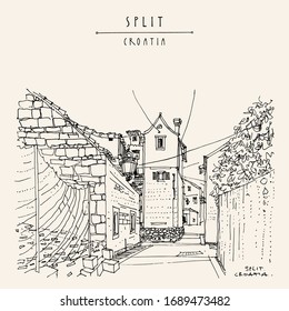 Split, Croatia, former Yugoslavia, Europe. Old town narrow street. Tourist destination. Travel sketch. Artistic vintage hand drawn postcard, poster, book illustration. Vector EPS 10