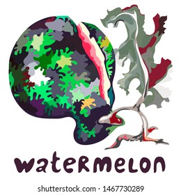 A split curved watermelon and a large leaf nearby