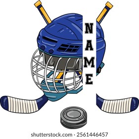 Split Custom Hockey Player with Stick and Hockey Puck, Hockey Helmet