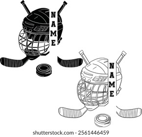 Split Custom Hockey Player with Stick and Hockey Puck, Hockey Helmet