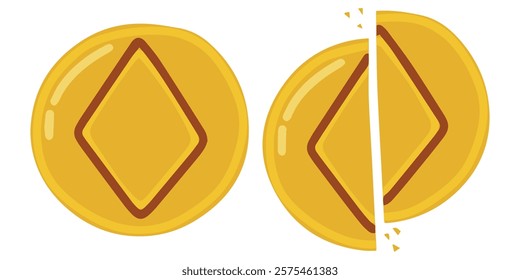 A split dalgona candy featuring a diamond shape. This design tests players' precision and patience in the sugar-carving challenge