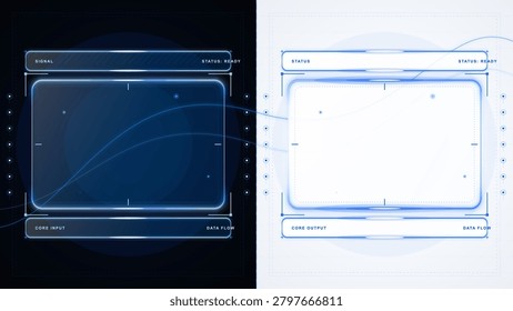 Split dark and light vector HUD interface templates with glowing blue frames, status bars, data flow labels and futuristic tech panel outlines
