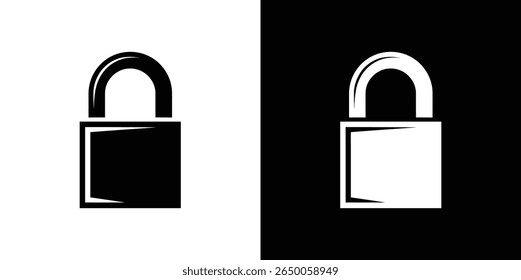 Split display showcases a black padlock icon on white, plus a white padlock icon on black. Clean, balanced layout emphasizing security and contrast.