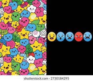 Ilustración de emoción dividida con caras de dibujos animados vibrantes, íconos de sentimiento expresivos, caos colorido versus orden oscuro, diseño de contraste visual