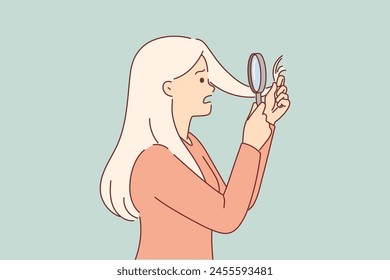 Split ends of hair bother girl with magnifying glass, needs trip to hairdresser. Woman suffers from split ends spoiling hairstyles, due to poor-quality shampoo or lack of vitamins in body.