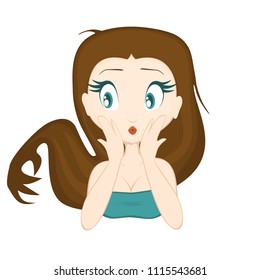 Split ends are a nightmare!  Anime cartoon girl with long brown hair whose ends are turning into a monster.  Part of the Cute Girl's Hair Troubles set.  Transparent background in vector file.