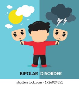 Split face double personality bipolar sad and happy man in sun and cloudy storm sky.