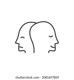 Icono de contorno vectorial del trastorno bipolar de doble personalidad de cara dividida. Carácter con problemas de salud mental. Triste deprimido y feliz cambio de humor. Enfermedad esquizofrenia estilo doodle dibujado a mano.