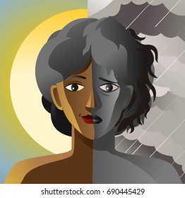 split face double personality bipolar sad   happy african woman in sun   cloudy storm sky