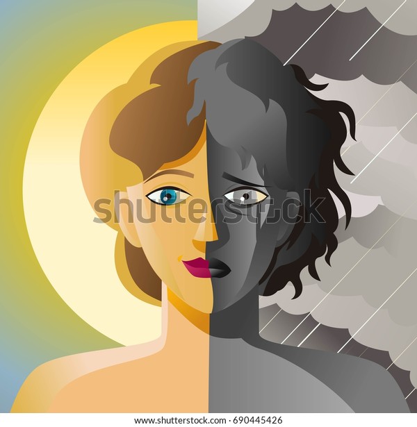 split face double personality bipolar\
sad and happy woman in sun and cloudy storm\
sky
