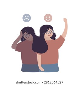Split female character drastic mood swings, showing sad, crying persona next to joyful, smiling one. Mental health struggles and emotional imbalance. Psychological problems. flat vector illustration