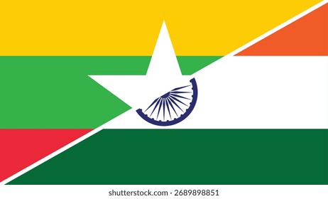 Projeto de bandeira dividida que combina as bandeiras nacionais de Mianmar e da Índia