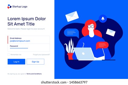 Split fold authorization pop up with the beautiful  woman and laptop. Log in, sign up web forms with the detailed description. Vector design. Pop up with buttons and inputs.