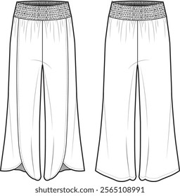 Split Front Flare Pants – High-Waist Fashion Flat Sketch CAD Template with Front and Back views