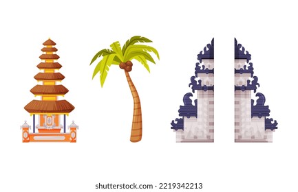 Split Gateway, Palm Tree and Pagoda as Bali Traditional Cultural Attribute Vector Set