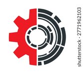 Split gear with red mechanical teeth and dark gray concentric digital circuit rings