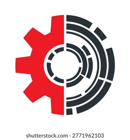Split gear with red mechanical teeth and dark gray concentric digital circuit rings