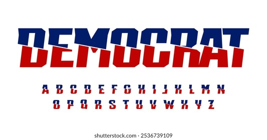 Split geometric alphabet, sharp offset letters, red and blue impactful statement font for political typography, election headline, striking USA-themed font. Vector typeset.