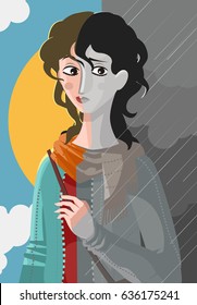 split girl double personality woman in cloudy day and sun sky