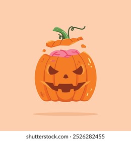 Split Halloween pumpkin carving with brains out and scary expression	