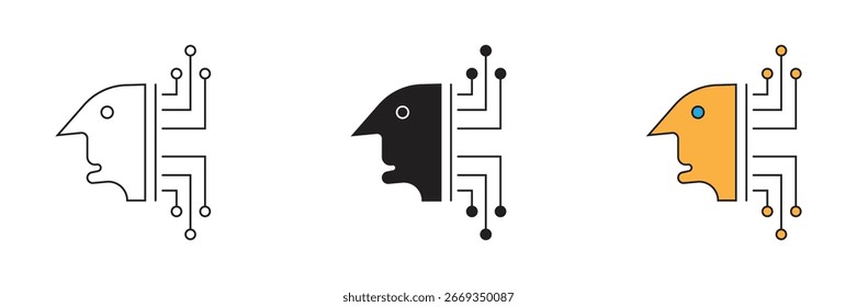 A split head icon with circuit connections. Represents a data brain, connectivity, or the link between human and technology.