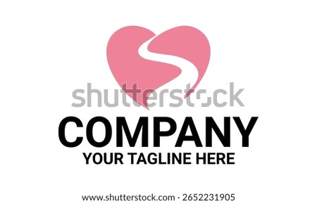 A split heart love with winding street road or creek stream like a shape of two hills with river between for couple marriage symbol initial letter S logo design vector template