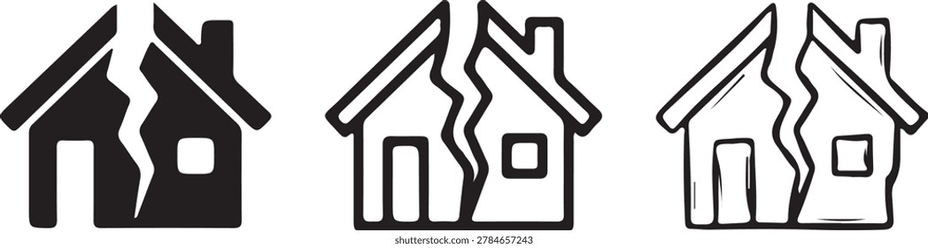 Split home structure representing destruction or property damage. Earthquake impact on residential housing unit.