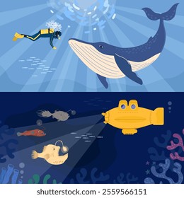 A split illustration showing underwater scenes. The top half features a diver swimming alongside a large whale, surrounded by small fish and sunlight filtering through the water.