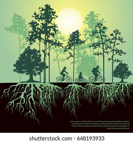 Split illustration with trees and roots. Family riding bicycles