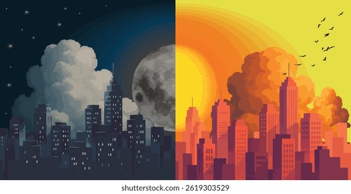 Split image of a city at night and day. One side shows a moonlit skyline with stars, the other a sunrise with birds and warm colors, representing the cycle of time. Day and Night Vector.