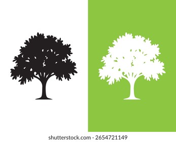 A split image displays two contrasting tree silhouettes. On the left, a black tree silhouette is set against a white background.
