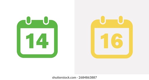 A split image displays two simple calendar icons, one green showing the number 14 and the other yellow showing the number 16.