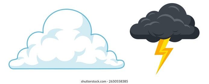 A split image featuring a fluffy white cloud with a blue outline on the left, and a dark, ominous storm cloud with a bright yellow lightning bolt on the right.