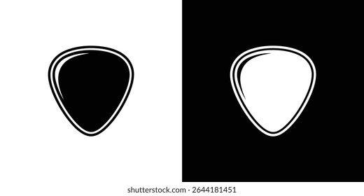 Split image showcasing a guitar pick icon in contrasting black and white. The left side shows a black pick on white, and the right displays a white pick on black.