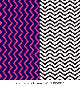 A split image showcasing two distinct zigzag patterns: the left side features hot pink zigzags on a deep blue background, while the right side displays classic black zigzags on a white background.