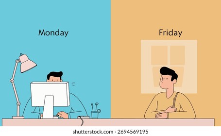 Uma imagem dividida mostrando o contraste entre uma segunda-feira movimentada e uma sexta-feira relaxada no trabalho, capturando o ciclo de trabalho semanal.

