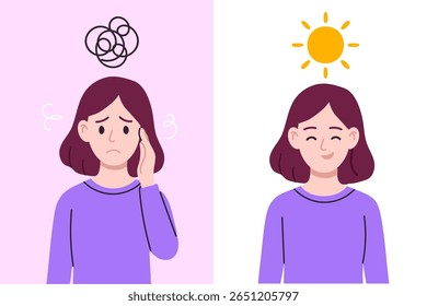 Split image showing a sad woman with a headache and a happy woman in good mood. Concept of emotional states and mental health.