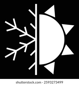 Split image showing sun on one half and snowflake on the other, contrasting hot and cold in a balanced visual.