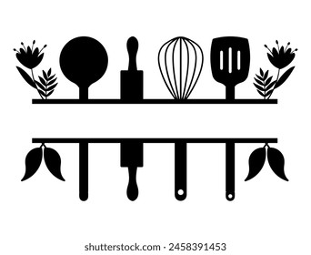 Split kitchen utensils silhouette vector art