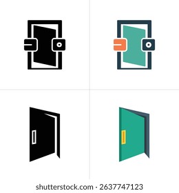 A split layout showcasing four distinct door icons. The left side features black and white versions, while the right side displays corresponding colored iterations with open doorways.