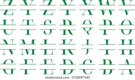 Letra dividida Coleção de alfabetos Palavras-chave verdes: alfabeto, letras, letra dividida, monograma, fonte