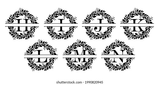 Split Letter Monogram Set. Wreath monogram alphabet with copyspace for a long | double-barrelled surname. Floral frame, vintage motif. Black and white design elements. Second part of ABC, from H to N