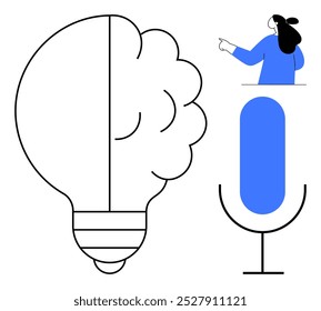 Uma lâmpada incandescente e o conceito do cérebro, uma pessoa apontando e um microfone. Ideal para inovação, criatividade, brainstorming, apresentações e temas de comunicação. Arte em linha minimalista, azul