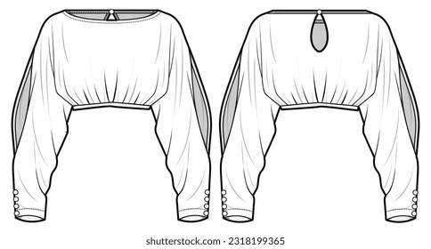 Split Long Baggy Sleeve Crop Top  Front and Back View. Fashion Illustration, Vector, CAD, Technical Drawing, Flat Drawing, Template, Mockup.