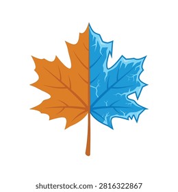 A split maple leaf showing the contrast between warm autumn colors and cold frozen winter ice.